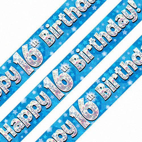 16th Birthday Blue Holographic Banner