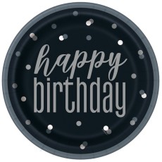 Black Glitz Happy Birthday Plates (8 Pack)