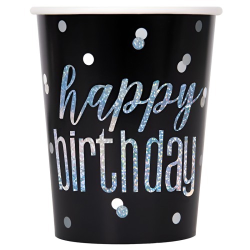Black Glitz Prismatic Happy Birthday Cups (8 Pack)