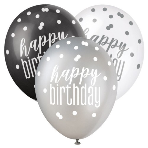 Black, Silver & White Glitz Happy Birthday 12" Latex Balloons (6 Pack)