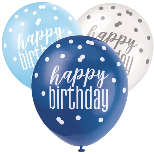 Blue & White Glitz Happy Birthday 12" Latex Balloons (6 Pack)
