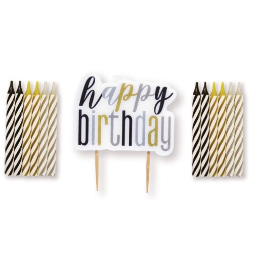 Glitz Black, Gold and Silver Happy Birthday Candle Set (13 Pack)
