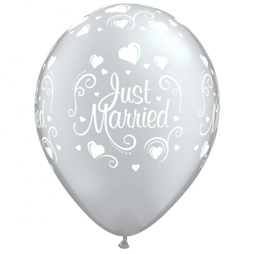 Just Married Hearts 11" Silver Latex Balloons (6 Pack)