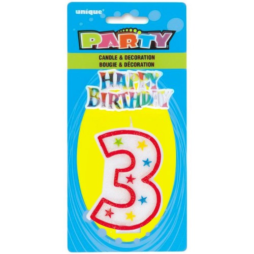 Number 3 Glitter Birthday Candle with Decoration