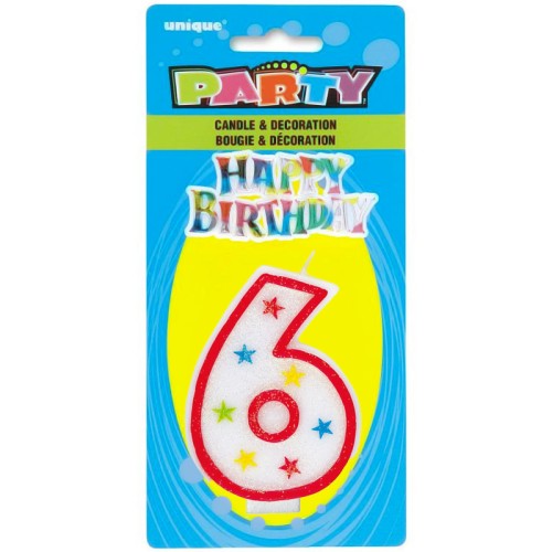 Number 6 Glitter Birthday Candle with Decoration