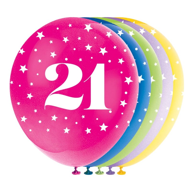 pack of 6 21st "Happy Birthday" Balloons Latex Pink Black Purple 12" 