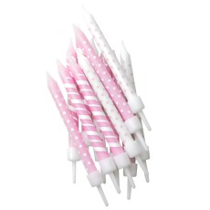 Pink & White Candles with Holders (12 Pack)