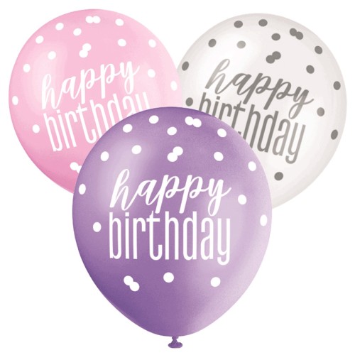 Pink, Purple, White Glitz Happy Birthday 12" Latex Balloons (6 Pack)