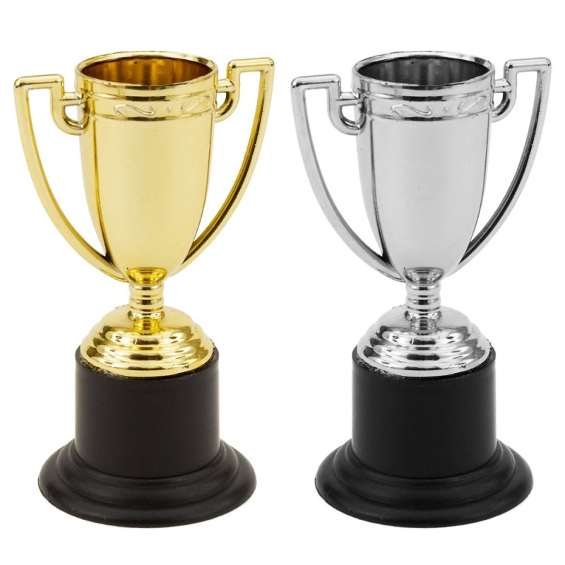 NEW 6 MINI GOLD & SILVER COLOURED PLASTIC 10cm TROPHY TOY 