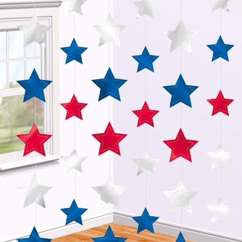 Red, Silver & Blue Star String Decorations (6 Pack)