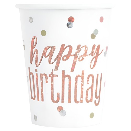 Rose Gold Glitz Prismatic Happy Birthday Cups (8 Pack)