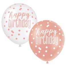 Rose Gold Glitz Happy Birthday 12" Latex Balloons (6 Pack)