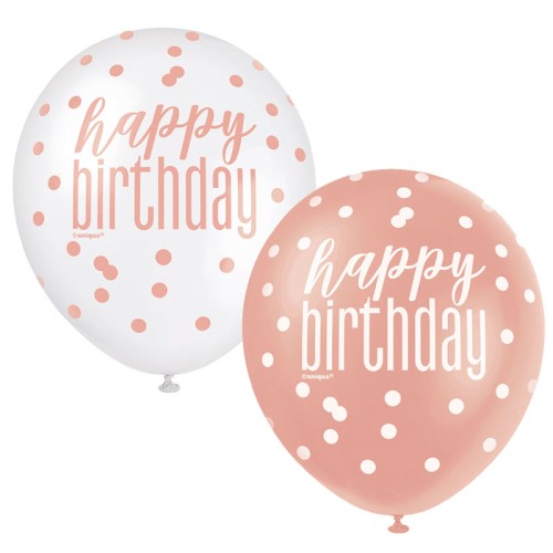 Rose Gold Glitz Happy Birthday 12" Latex Balloons (6 Pack)