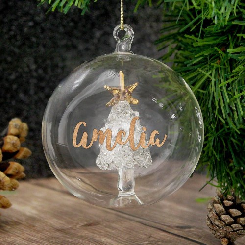 Personalised Gold Glitter Tree Glass Bauble