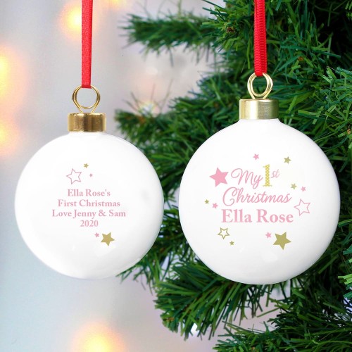 Personalised Gold and Pink Stars My 1st Christmas Bauble