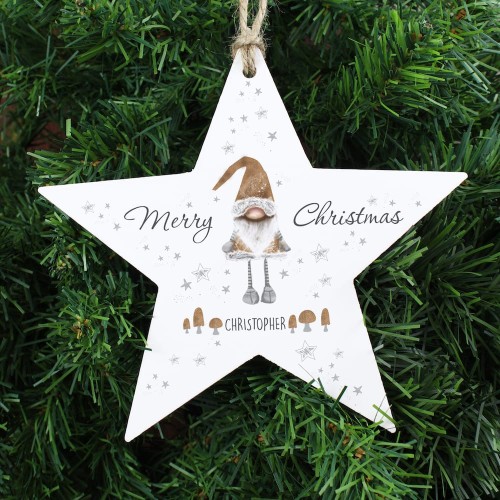 Personalised Scandinavian Christmas Gnome Wooden Star Decoration