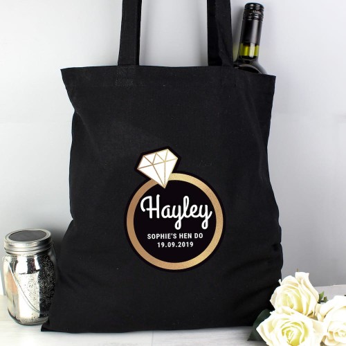 Personalised Gold Bling Ring Hen Party Black Cotton Bag