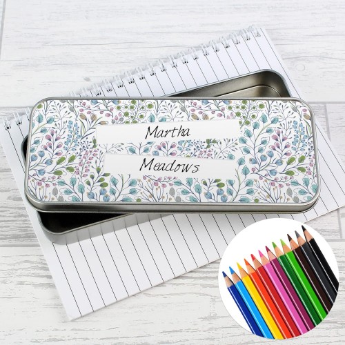 Personalised Botanical Pencil Tin with Pencil Crayons