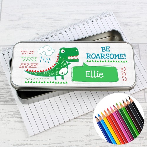 Personalised Be Roarsome Dinosaur Pencil Tin with Pencil Crayons